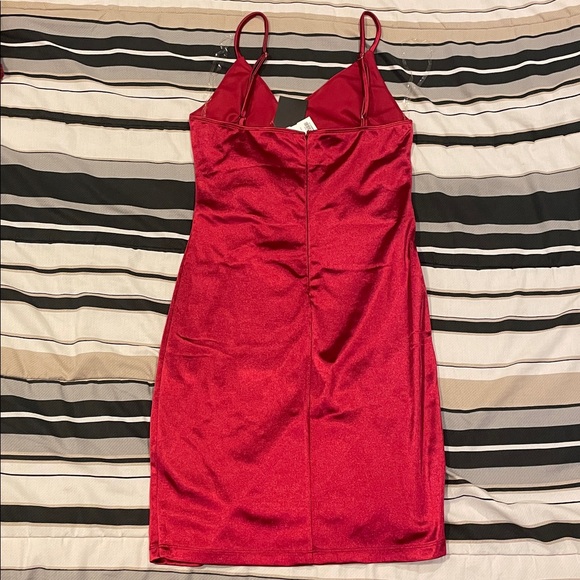 Red Satin Deep V Neck Mini Party Dress - Picture 2 of 7